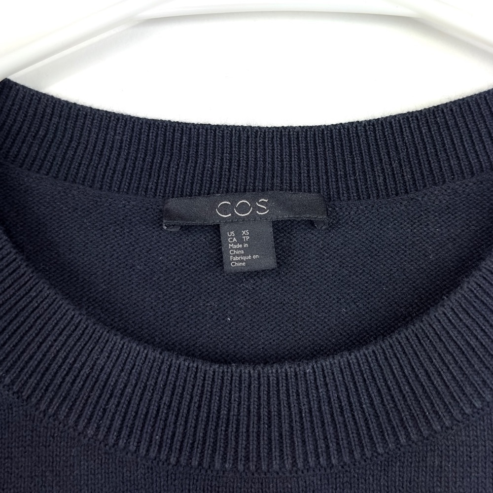 COS Navy Blue Mixed Media Knitted Sweater With Shirt Detail Ruffle Hem Size XS - Picture 2 of 9